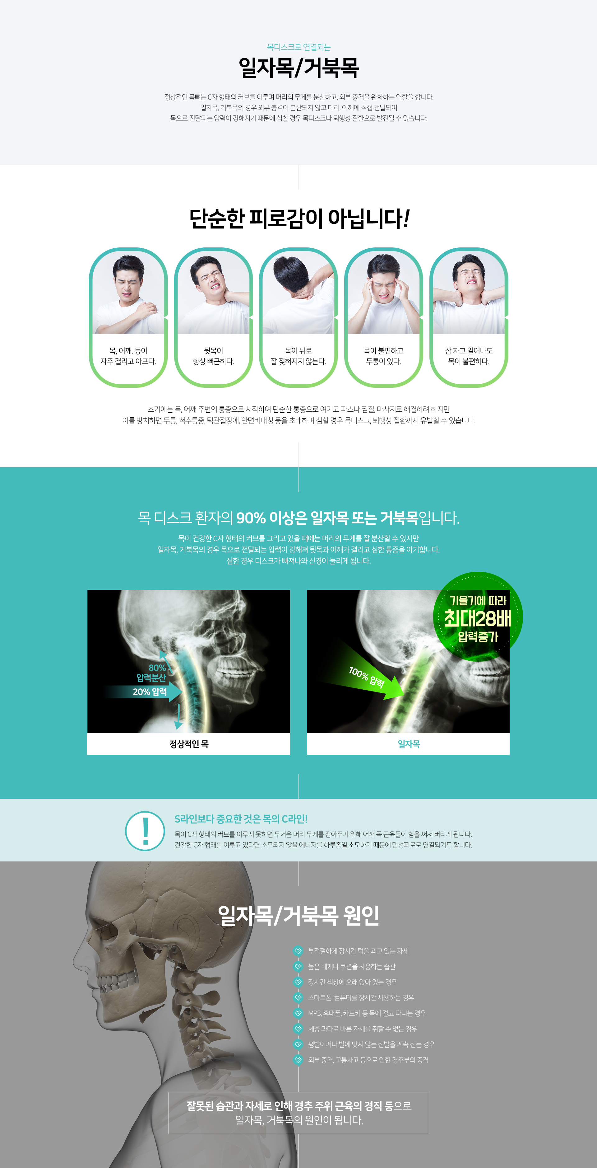 초기에는-목,-어깨-주변의-통증으로-시작하지만-이를-방치하면-두통,-척추통증,-턱관절장애,-안면비대칭-등을-초래하며-심할-경우-목디스크,-퇴행성-질환까지-유발할-수-있음-잘못된-습관과-자세로-인해-경추-주위-근육의-경직-등이-원인