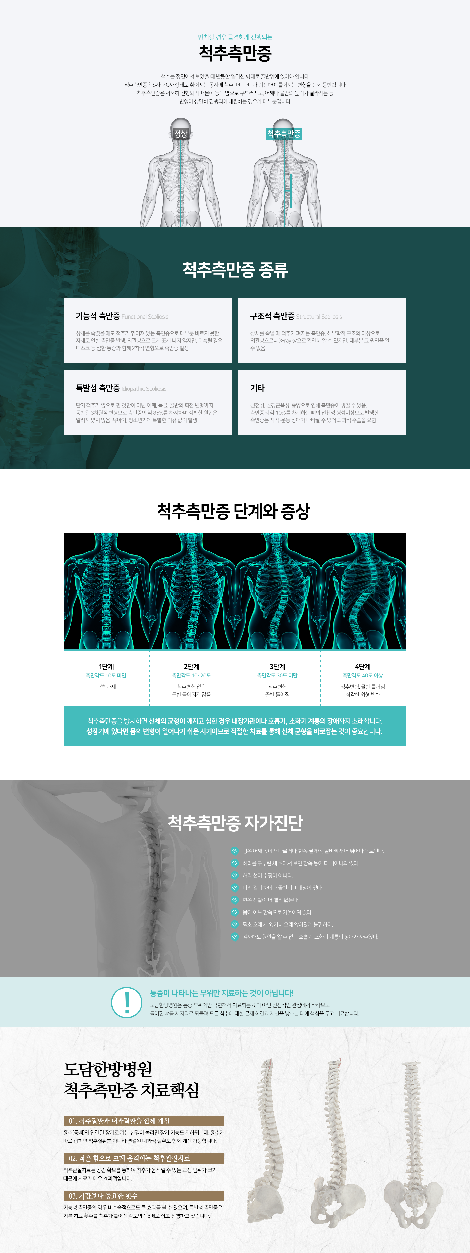 척추측만증-종류4가지-기능적측만증-구조적측만증-특발성측만증-기타(선천성,신경근육성,종양)-단계와-증상-1단계-나쁜자세-2단계-척추변형-없음-골반-틀어지지-않음-3단계-척추변형-골반-틀어짐-4단계-척추변형,-골반-틀어짐-심각한-외형-변화-척추측만증-방치시-신체의-균형이-깨지고-심한-경우-내장기관이나-호흡기,-소화기-계통의-장애까지-초래-척추측만증-치료핵심-척추질환과-내과질환을-함께-개선-적은-힘으로-크게-움직이는-척추관절치료-기간보다-중요한-횟수