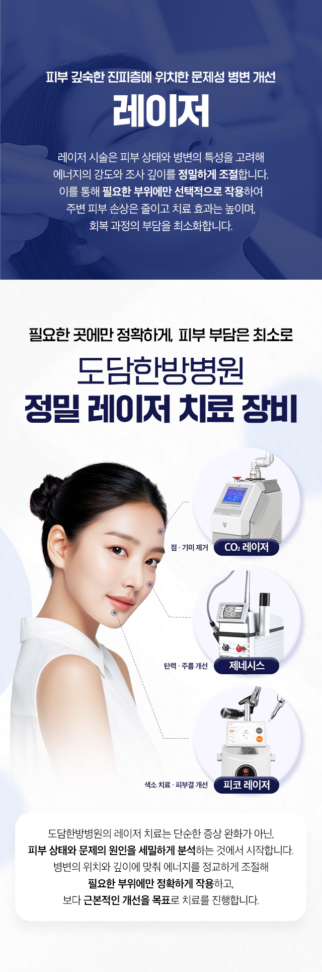 피부 깊숙한 진피층에 위치한 문제성 병변 개선-레이저-필요한 곳에만 정확하게, 피부 부담은 최소로-도담한방병원 정밀 레이저 치료 장비