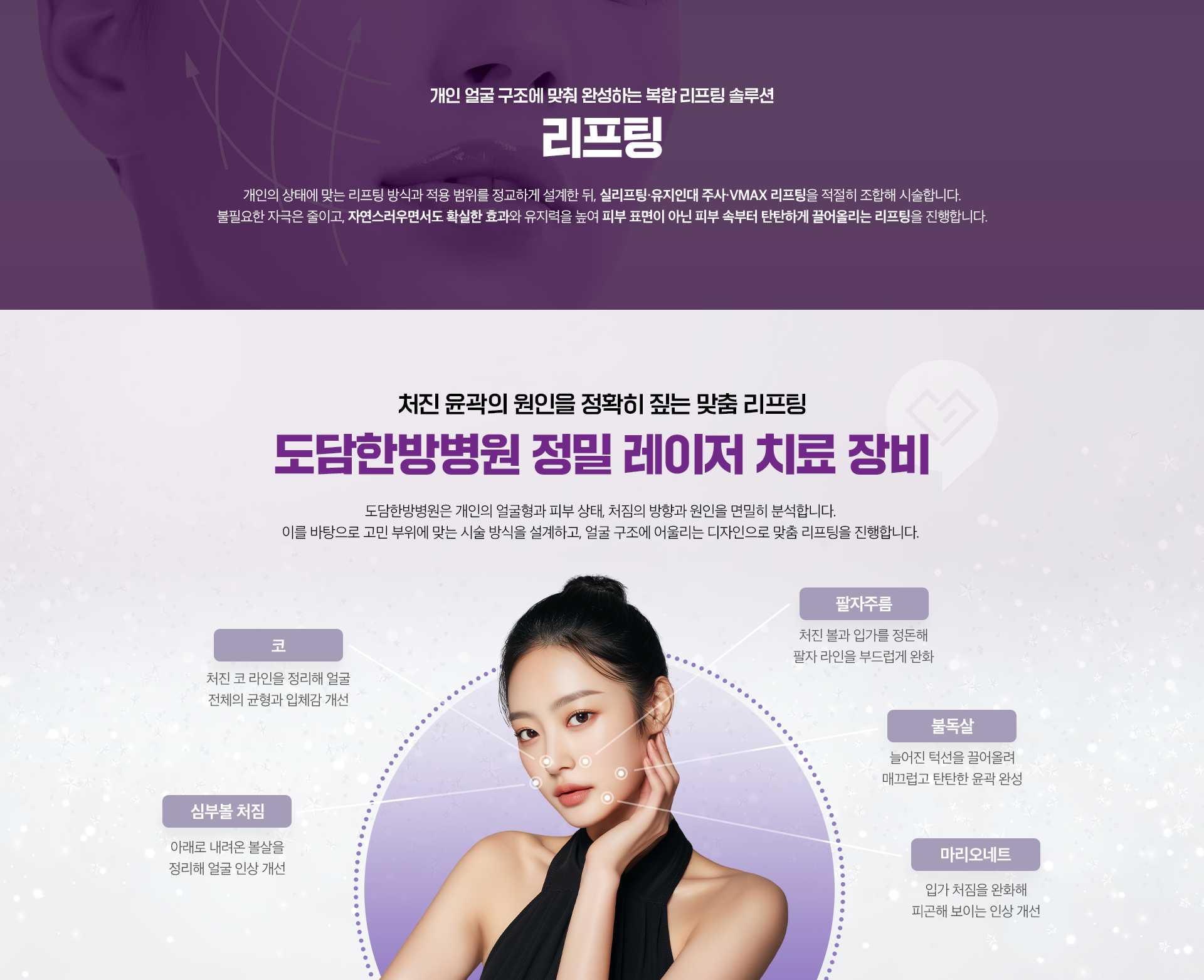 개인 얼굴 구조에 맞춰 완성하는 복합 리프팅 솔루션-리프팅-처진 윤곽의 원인을 정확히 짚는 맞춤 리프팅-도담한방병원 정밀 레이저 치료 장비-처짐의 방향을 고려한 구조적 리프팅